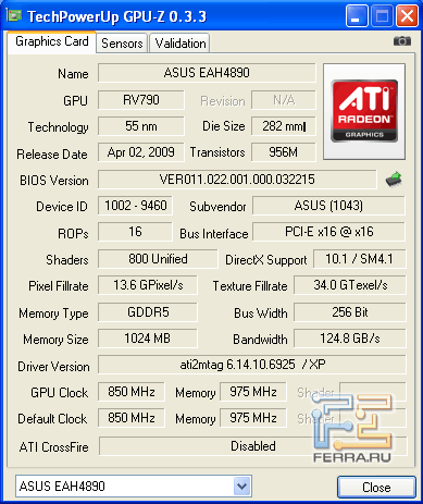 Характеристики ASUS EAH4890/HTDI/1GD5/A